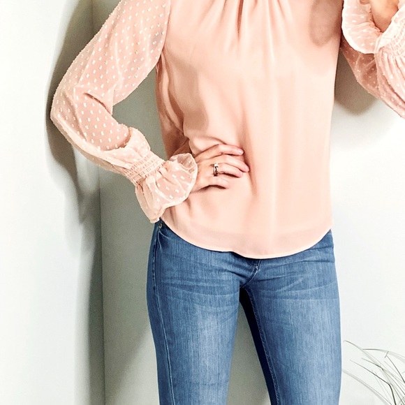 Japna pink mock neck long sleeve blouse with sheer detailed sleeves size small - Picture 9 of 9